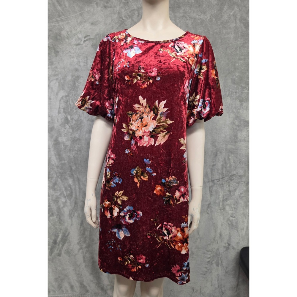 90s Vintage Revival Burgundy Floral Velvet Shift Dress Dark Romance Whimsigoth L